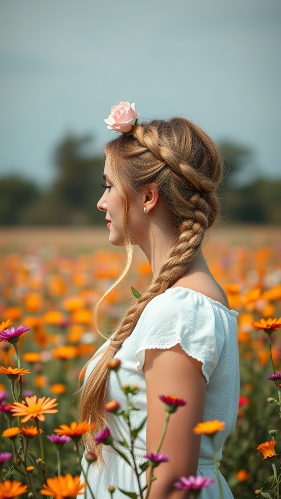 A woman with a braided crown hairstyle and a flower in her hair, standing amid colorful flowers.