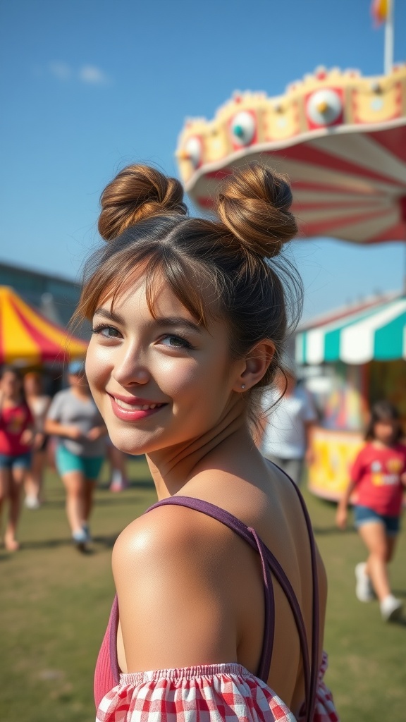 A young woman with double buns smiling at a fair.