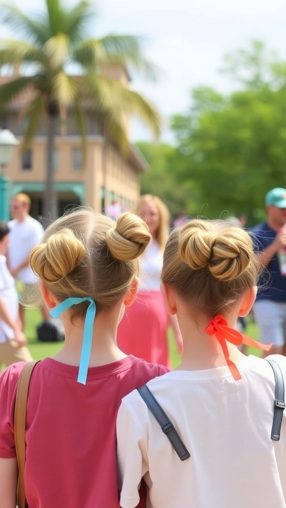 Two children from behind showcasing playful double buns hairstyle with colorful ribbons