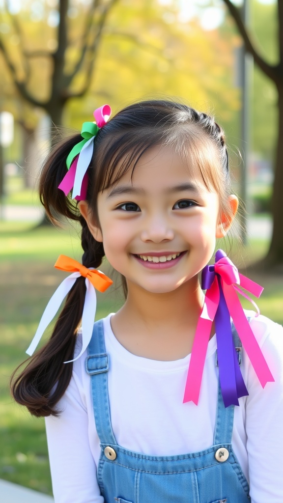 A young girl with a playful half-up ponytail hairstyle adorned with colorful ribbons.