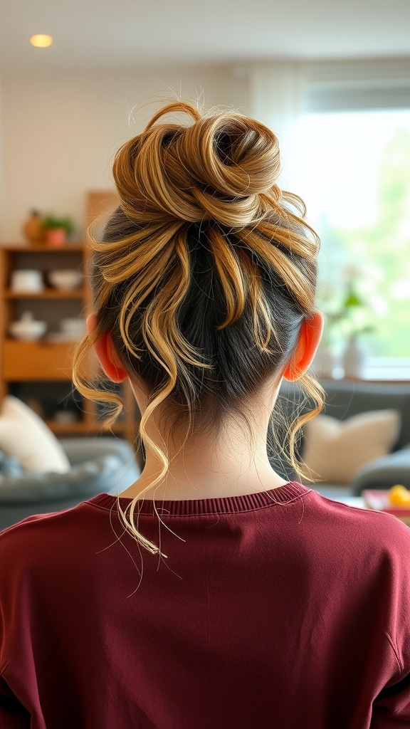 A back view of a woman with a messy bun hairstyle, showcasing loose strands and a relaxed look.