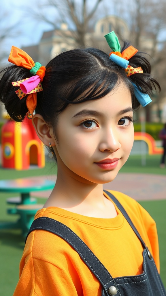 A young girl with playful pigtails tied with colorful ribbons, wearing an orange top, standing in a playground.
