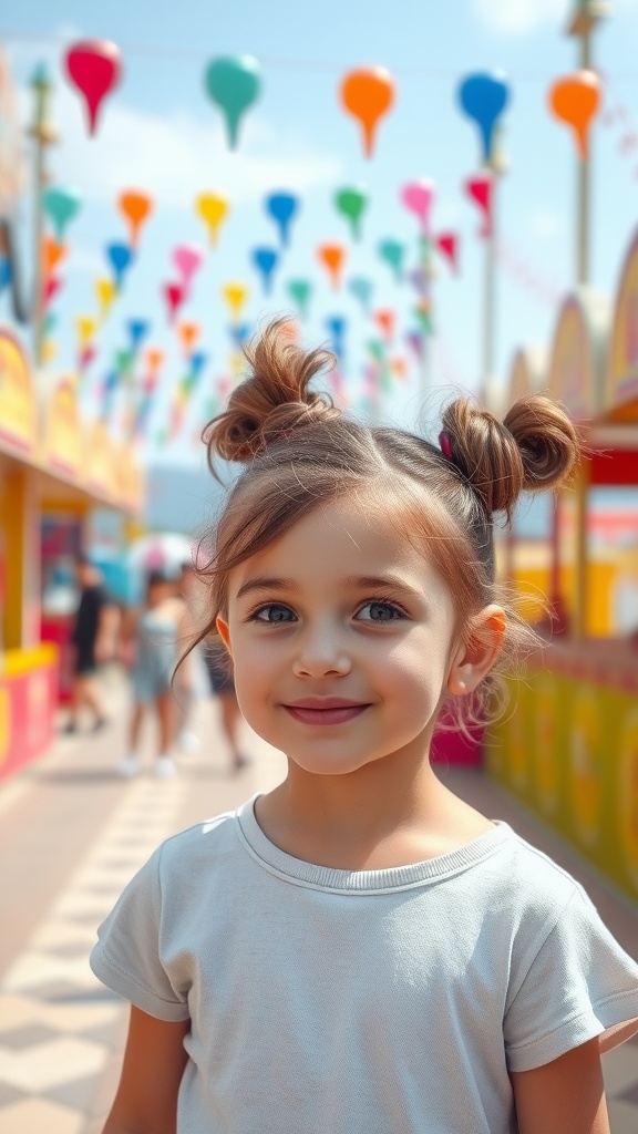 A young girl smiling with playful space buns hairstyle, colorful decorations in the background.
