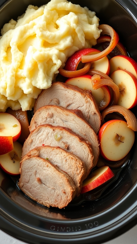 Slow cooker filled with pork tenderloin, sliced apples, onions, and creamy mashed potatoes.