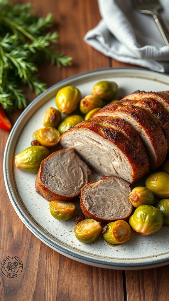 A plate of sliced pork tenderloin with roasted Brussels sprouts on a wooden table.