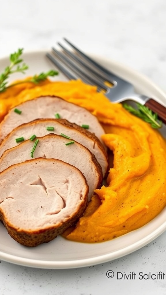 A plate featuring sliced pork tenderloin alongside creamy sweet potato mash, garnished with herbs.