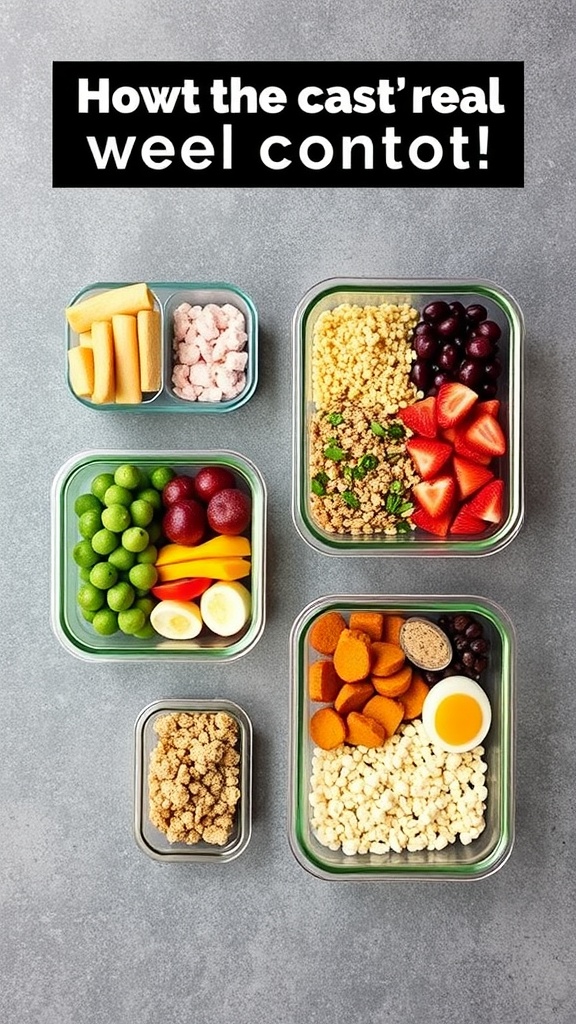Colorful meal prep containers filled with healthy foods like fruits, vegetables, and grains.