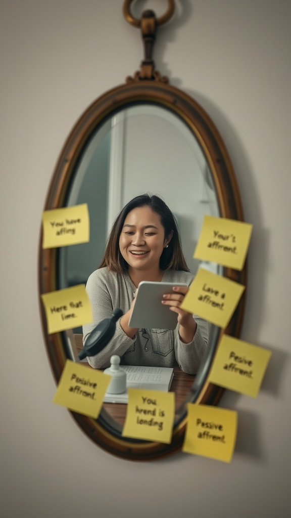 A young woman smiling at her reflection in a mirror, surrounded by sticky notes with positive affirmations.