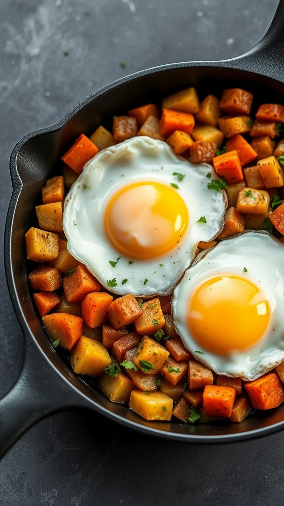 A skillet of potato and carrot hash topped with sunny-side-up eggs