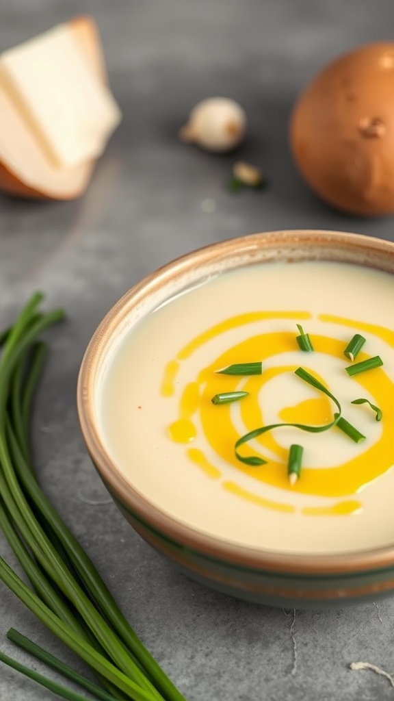 A creamy potato and leek soup with chives, served in a bowl.