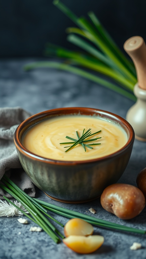 A creamy potato and leek soup in a bowl, garnished with chives.