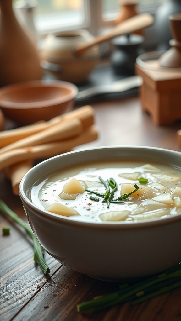 A bowl of creamy potato and leek soup garnished with chives on a wooden table.