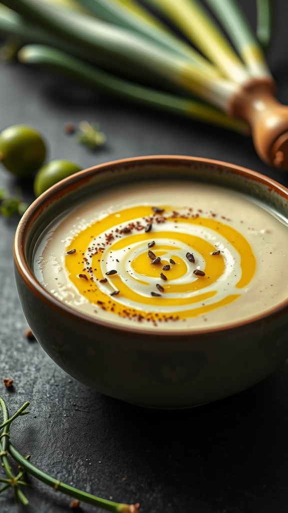 A bowl of creamy potato and leek soup topped with a swirl of cream and spices, alongside fresh leeks.