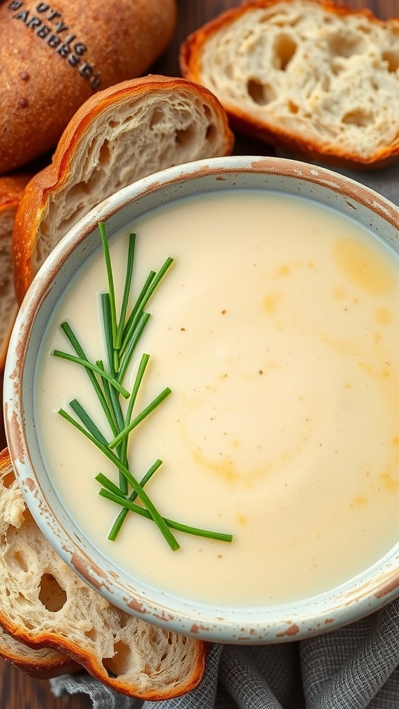 A bowl of creamy potato and leek soup with chives on top, served with slices of bread