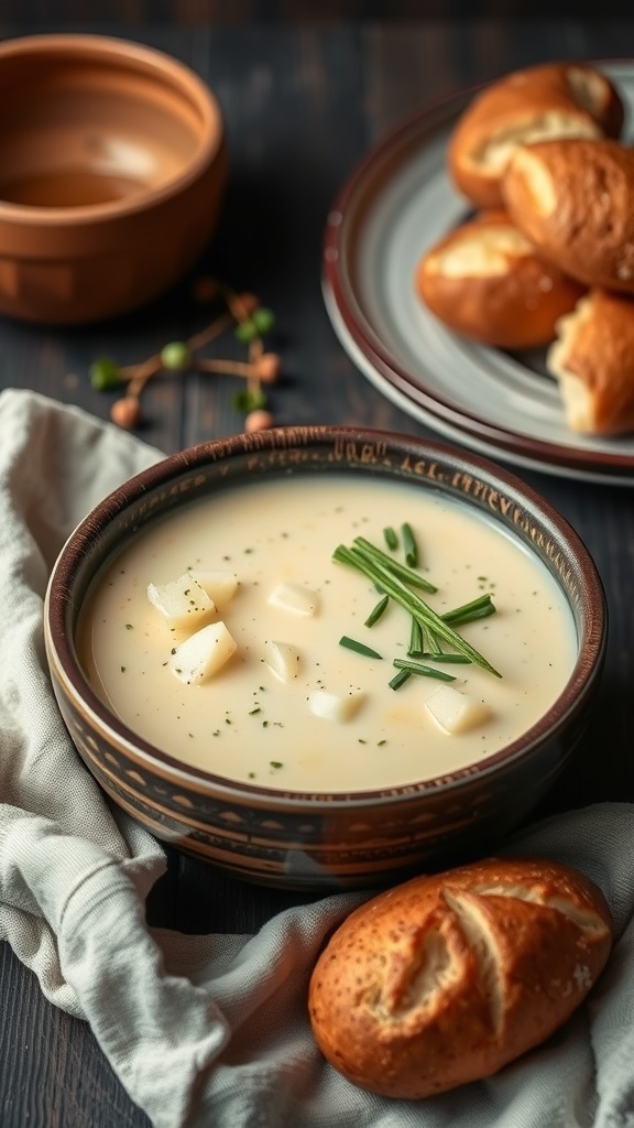 A bowl of creamy potato and leek soup topped with chives, served with crusty bread.