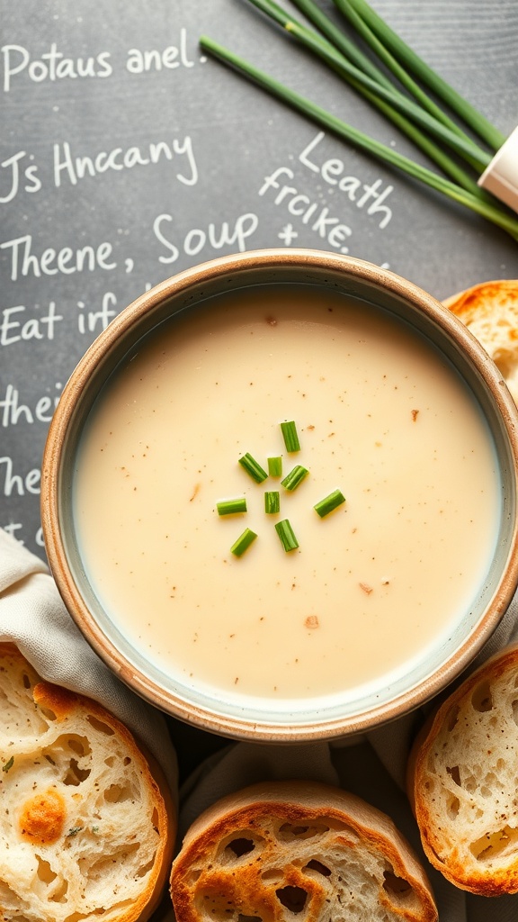 A bowl of creamy potato and leek soup garnished with chives, surrounded by slices of crusty bread.