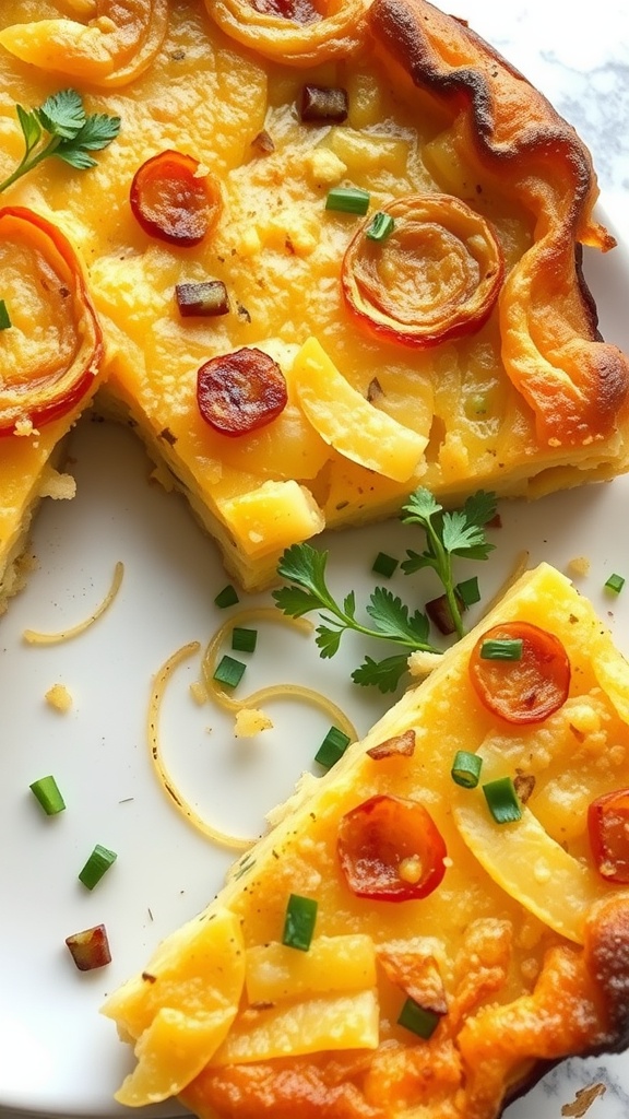 A slice of a potato and onion frittata on a plate, garnished with herbs.