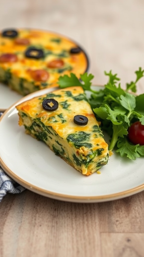 A slice of potato and spinach frittata served with greens on the side.