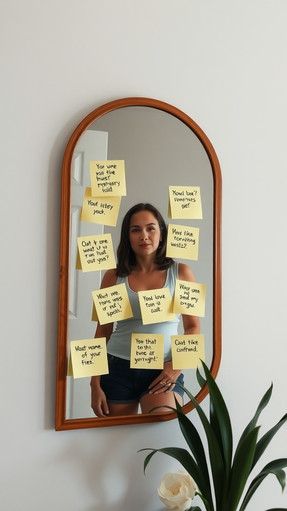 A young woman standing by a mirror with sticky notes containing positive affirmations around it.