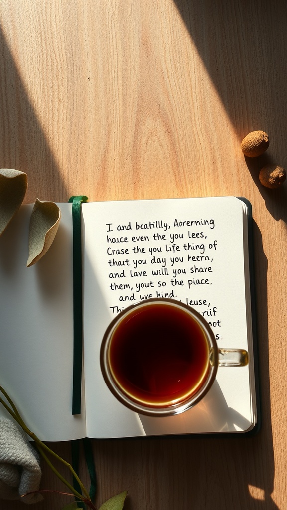 An open notebook with handwritten notes beside a cup of tea, symbolizing gratitude and positive affirmations.