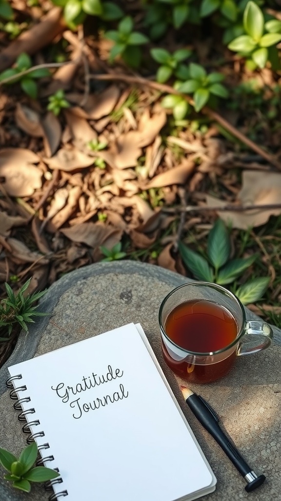 A gratitude journal, a cup of tea, and a pencil on a stone surface surrounded by greenery.