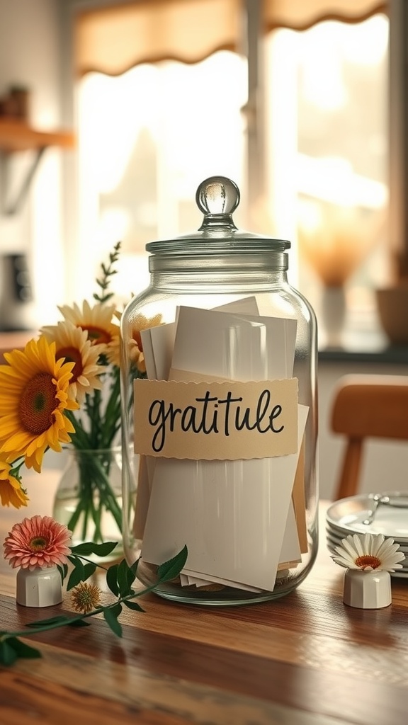 A glass jar labeled gratitude filled with notes and surrounded by flowers on a wooden table