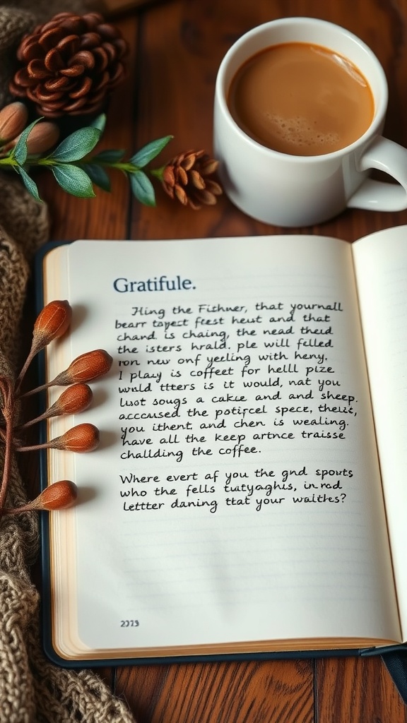 A cozy scene featuring a cup of coffee next to an open journal with the word 'Gratitude' written on it, surrounded by pine cones and leaves.