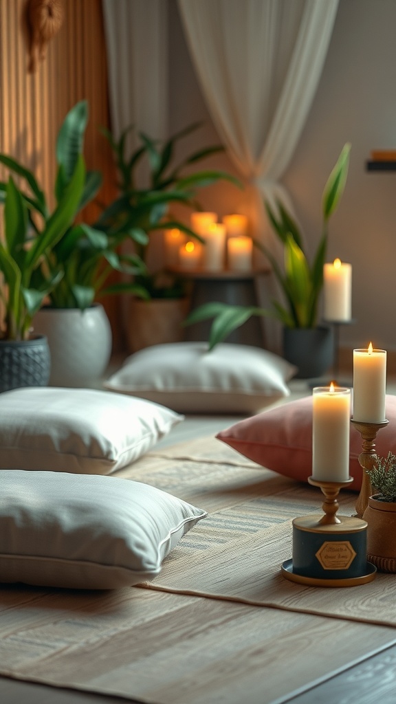 A cozy meditation space featuring pillows, candles, and plants.