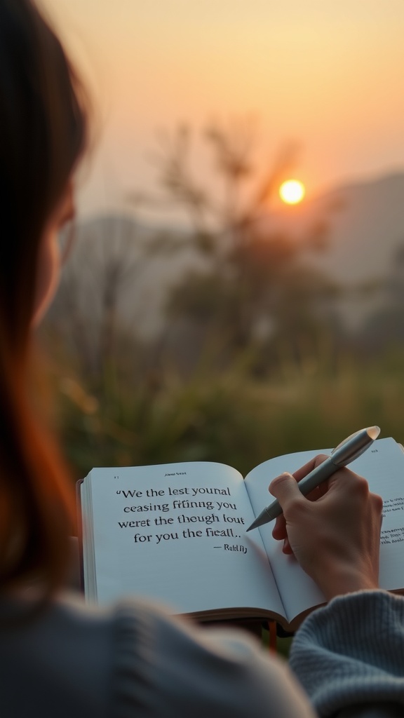 A person writing in a journal while watching a sunset, reflecting on positive affirmations.
