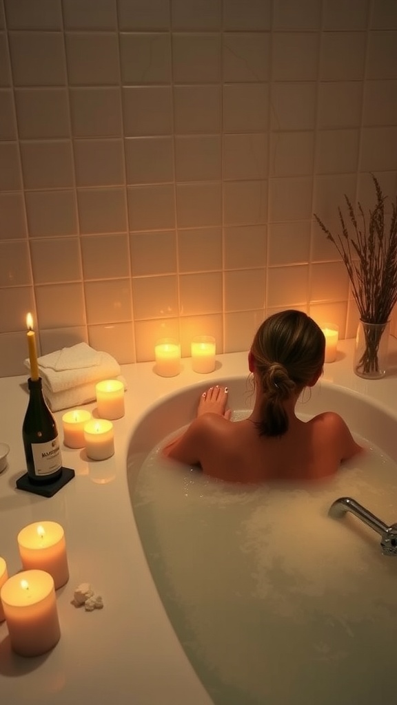 A person enjoying a bath surrounded by candles and a bottle of champagne, creating a relaxed atmosphere.