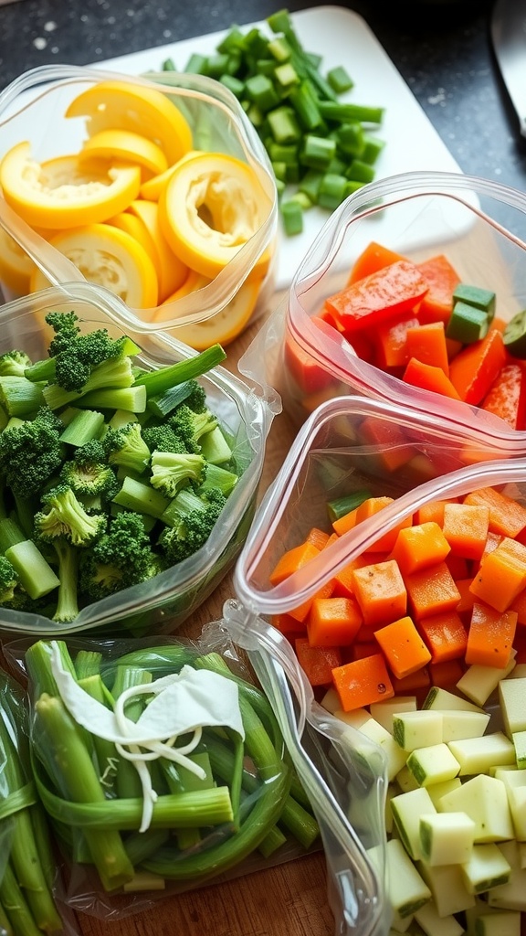 Various pre-chopped vegetables in clear containers for meal prep.