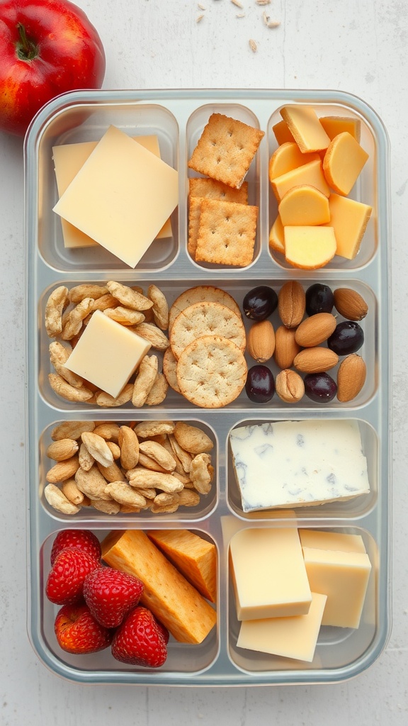 Pre-packed snack box with cheese, crackers, nuts, fruits, and chocolate-covered almonds.