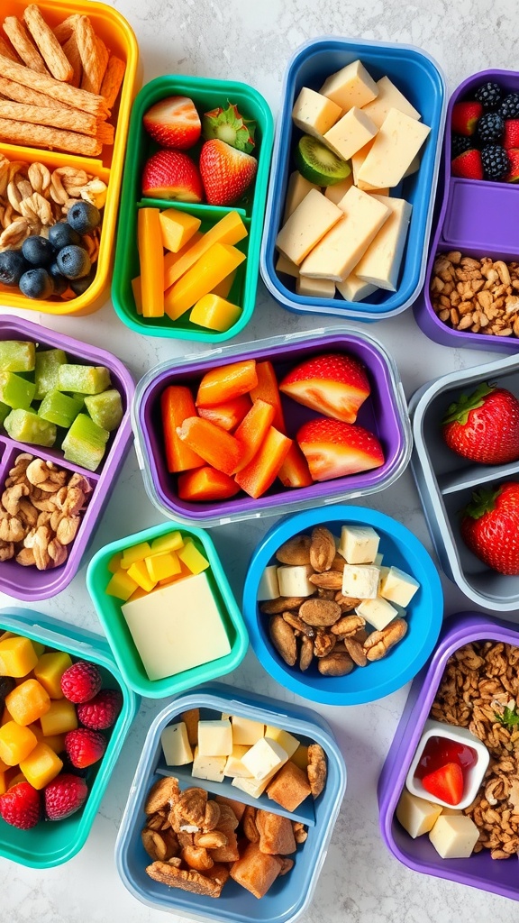 Colorful snack packs filled with fruits, nuts, cheese, and crackers.