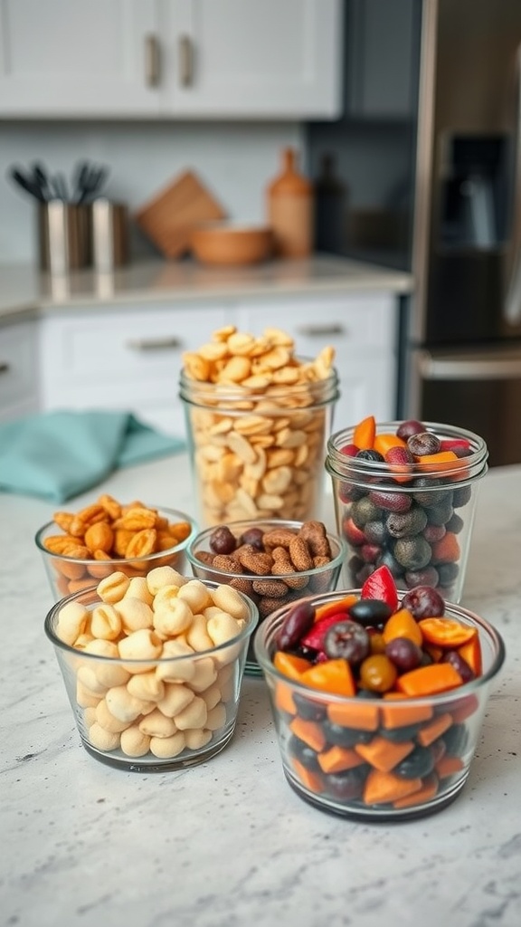 Assorted pre-portioned snacks in glass containers on a kitchen countertop.