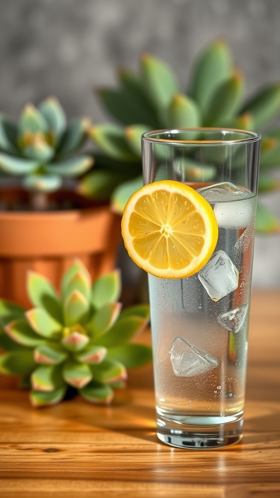 A tall glass of sparkling water with ice and a lemon slice, surrounded by succulent plants.