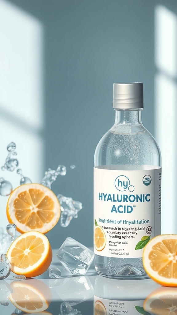 Bottle of hyaluronic acid with lemons and ice, representing hydration.
