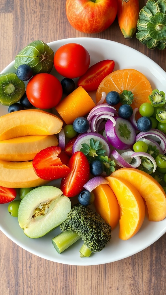A vibrant plate filled with assorted fresh fruits and vegetables including strawberries, oranges, blueberries, and broccoli.