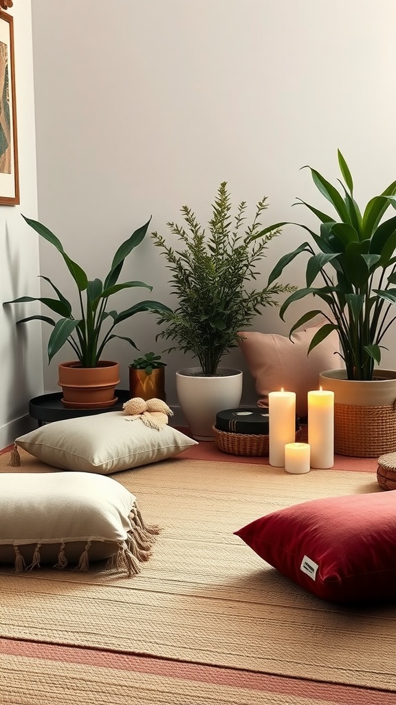 A calming indoor space with soft pillows, plants, and candles.