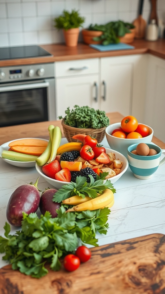 A colorful assortment of fresh fruits and vegetables in a kitchen setting, promoting healthy eating.