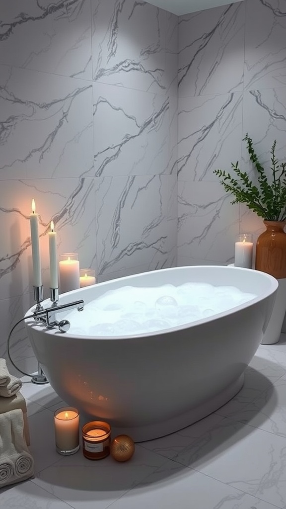 A serene bathroom scene featuring a white bathtub filled with bubbles, surrounded by candles and plants.