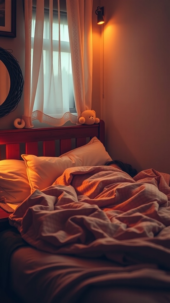 A cozy bedroom with soft lighting, featuring a person sleeping under blankets, emphasizing the importance of sleep for energy levels.