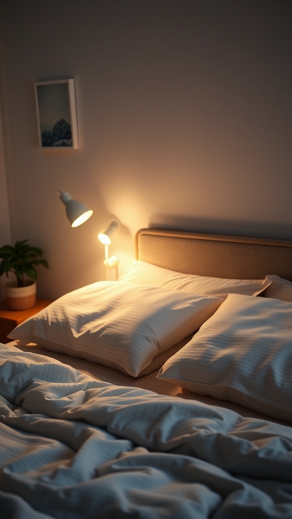 A cozy bedroom with soft lighting, inviting pillows, and a calm atmosphere.