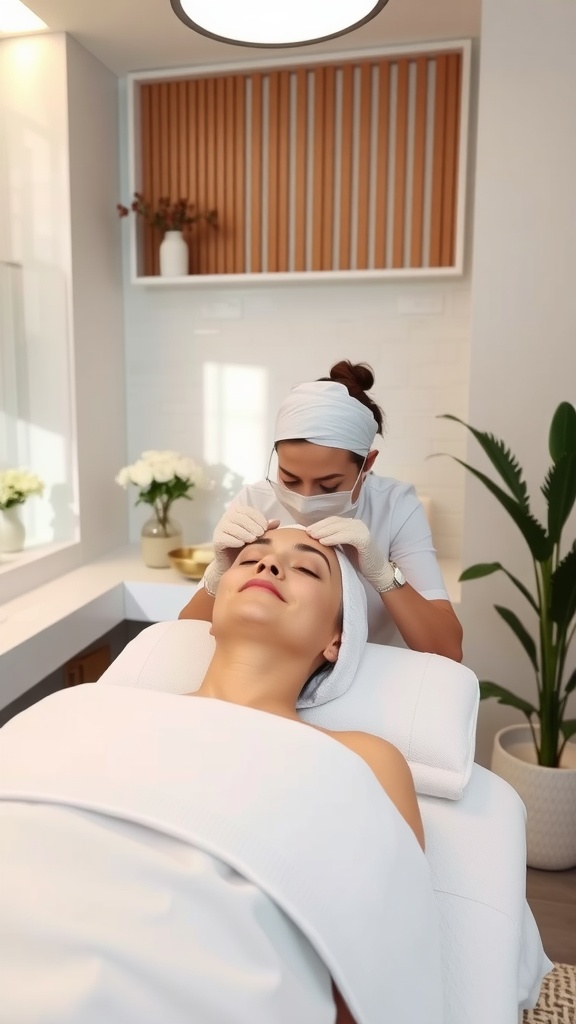 A skincare professional providing treatment to a client in a calming spa environment.
