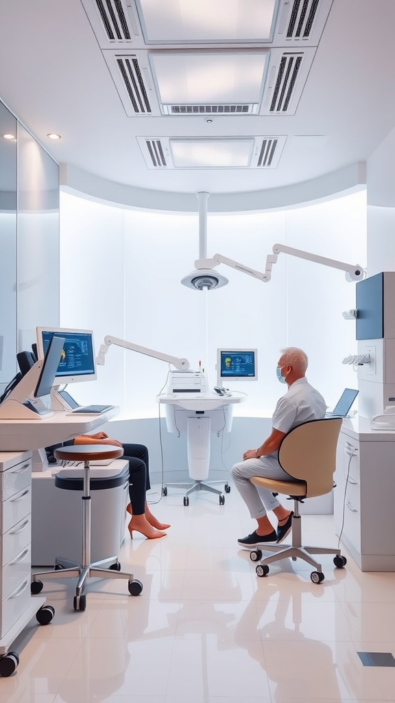 A modern skincare clinic with a client consulting a professional about skincare treatments.