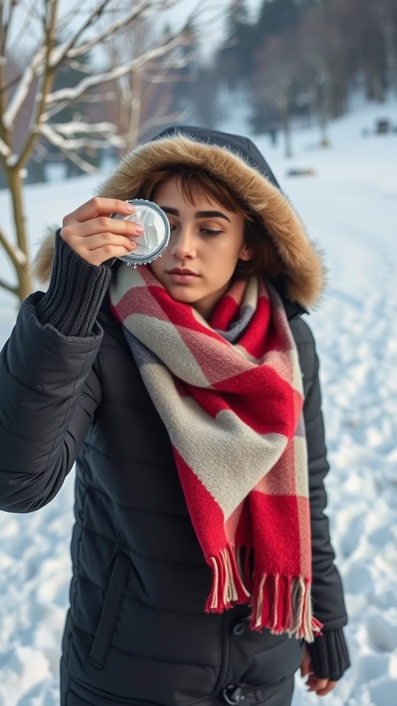 A young woman in winter attire looking into a compact mirror outdoors in a snowy setting.