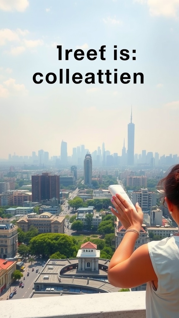 A person holding a phone and taking a picture of a city skyline, highlighting the urban environment.