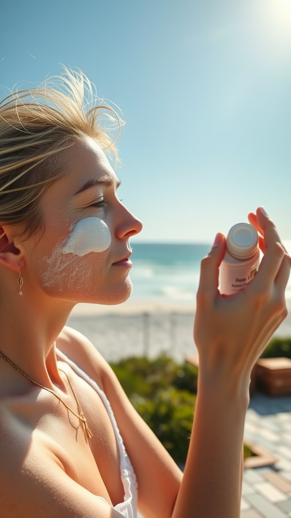 A person applying sunscreen on their face while at the beach, with the ocean in the background.