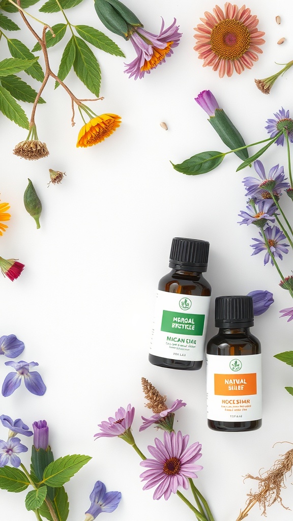Bottles of essential oils surrounded by colorful flowers and green leaves on a white background.