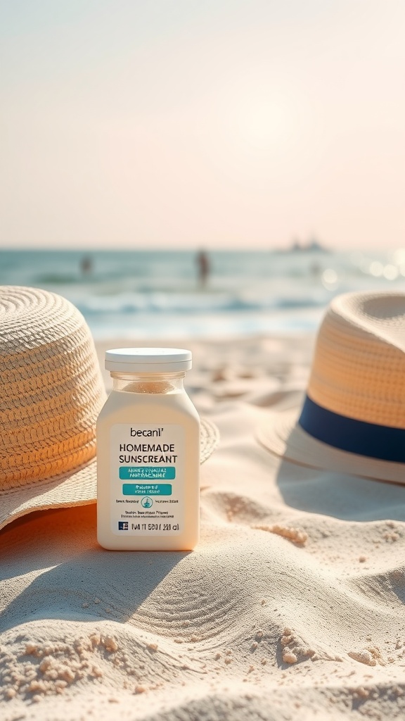 A bottle of homemade sunscreen on the beach with straw hats in the background.