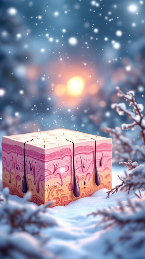 A colorful soap bar resting in a snowy landscape, highlighted by soft glowing lights in the background.